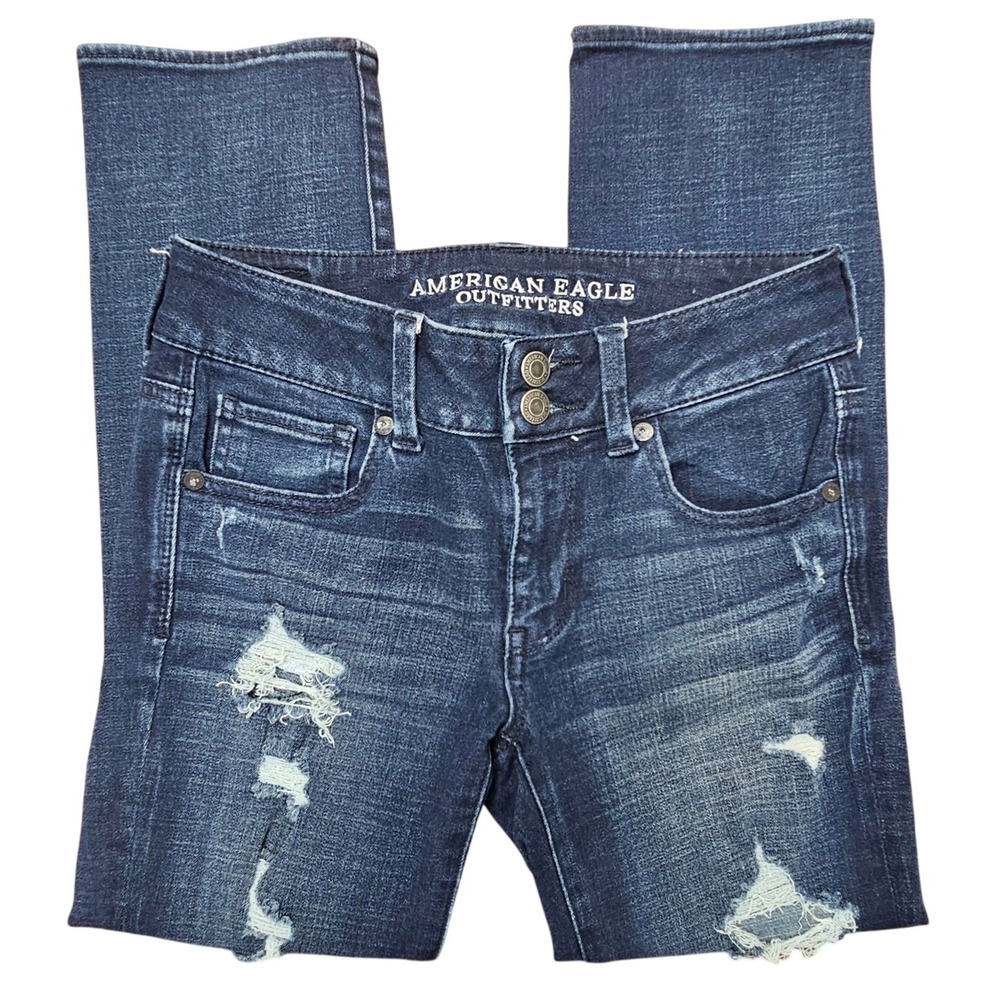 American Eagle Artist Crop Jeans Women 2 Blue Distressed Stretch Ripped Y2K Edgy